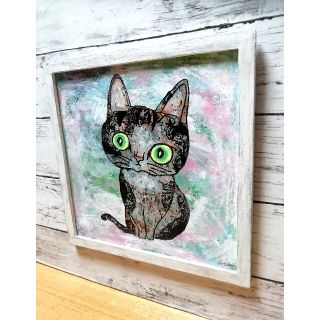 額付き銅版画応用絵画　alt「ひらめき猫」