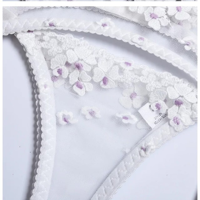 新品 Flower 刺繍 ガードル付き ブラ&ショーツセット ホワイト 4