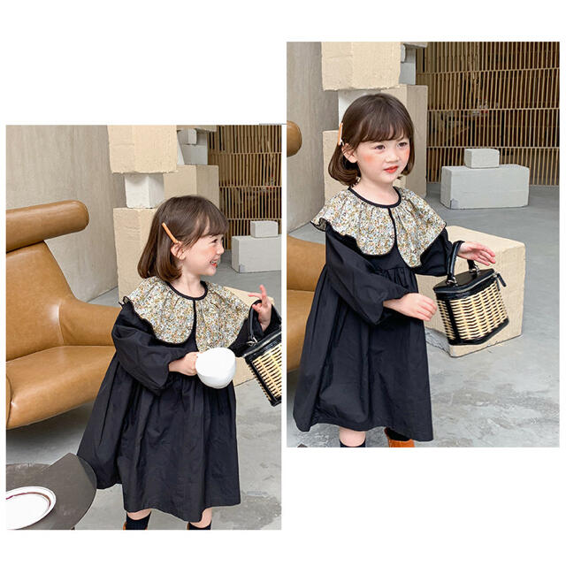 花柄襟のシフォンワンピース 女の子 韓国子供服110センチ キッズ/ベビー/マタニティのキッズ服女の子用(90cm~)(ワンピース)の商品写真