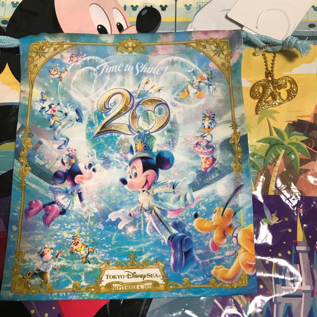 Disney(ディズニー)の★新品タグ付★ディズニー　20周年 トートバッグ　＆　巾着　２点セット エンタメ/ホビーのおもちゃ/ぬいぐるみ(キャラクターグッズ)の商品写真