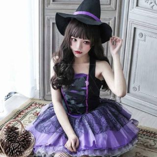 新品 ハロウィン　メイド服　パープル　コスプレ　フリル　ワンピース　魔女　(衣装)