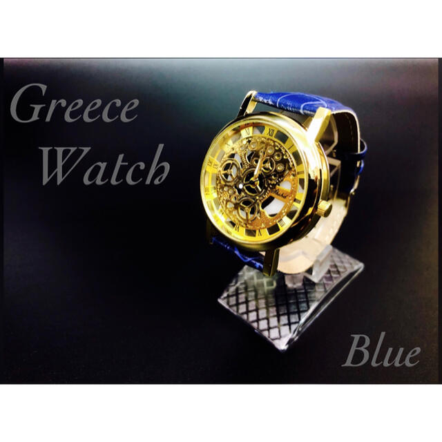腕時計 スケルトンレザー　革ベルト ギリシャ文字 金フレーム ネイビー