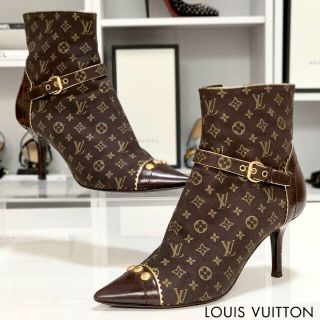 美品 ルイ・ヴィトン スエードレザー ショートブーツ レディース 茶 35.5 モノグラム型押し LOUIS VUITTON