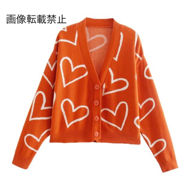 ZARA(ザラ)の🌰9月新作🌾5719◆orange オレンジ ハート柄 ニット カーディガン レディースのトップス(カーディガン)の商品写真