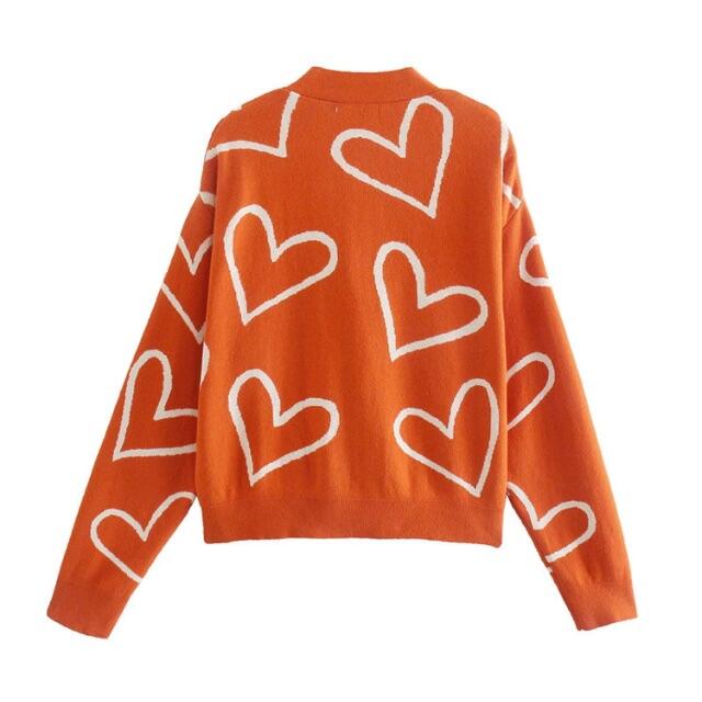 ZARA(ザラ)の🌰9月新作🌾5719◆orange オレンジ ハート柄 ニット カーディガン レディースのトップス(カーディガン)の商品写真