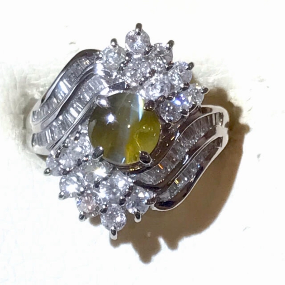 美品 Pt900 プラチナ リング 指輪 キャッツアイ 1.39ct ダイヤ 0.35ct 【1-0108240】