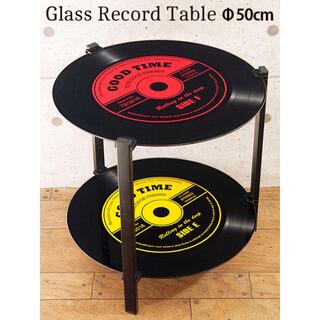 ガラス レコードテーブル 2段 Φ50cm (レッドイエロー) 組み立て 円形(コーヒーテーブル/サイドテーブル)