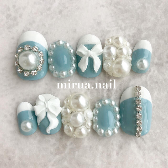 愛用 ネイルチップ ブルーネイル ガーリーネイル リボンネイル m032 つけ爪+ネイルチップ 愛用 ネイルチップ ブルーネイル ガーリーネイル リボンネイル m032 つけ爪+ネイルチップ