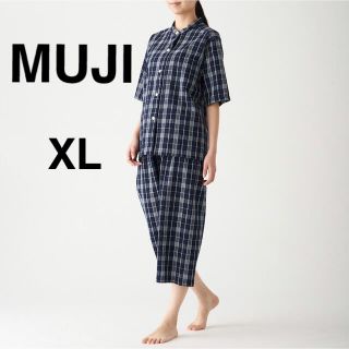 ムジルシリョウヒン(MUJI (無印良品))の無印良品　脇に縫い目のない　サッカー織り半袖パジャマ 婦人ＸＬ・ネイビー×柄(パジャマ)