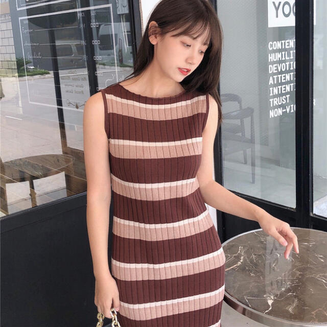 本日限定お値下げCotton Striped Ribbed Knit Dress