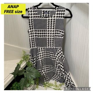 アナップ(ANAP)の送料込!千鳥ワンピ✩ANAPアナップミニ✩モノクロ黒白(ミニワンピース)