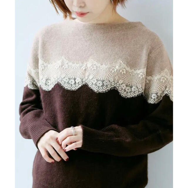 LaTotalite ラトータリテ バイカラーレースボートネックプルオーバー-