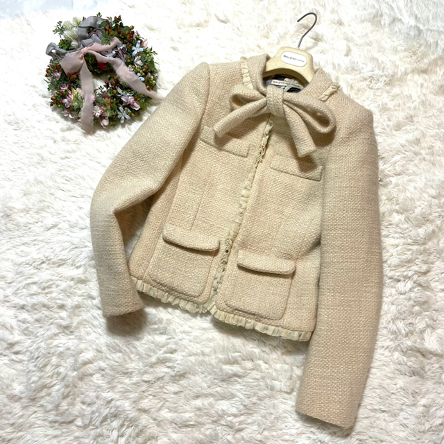 本物 バレンシアガ ストール フリルレース パイピング ノーカラー