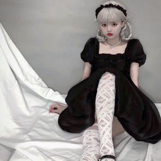 アンジェリックプリティー(Angelic Pretty)のクリームリリ　黒ワンピースセット　ゴシックロリータ やみかわ  量産系　地雷系(ひざ丈ワンピース)