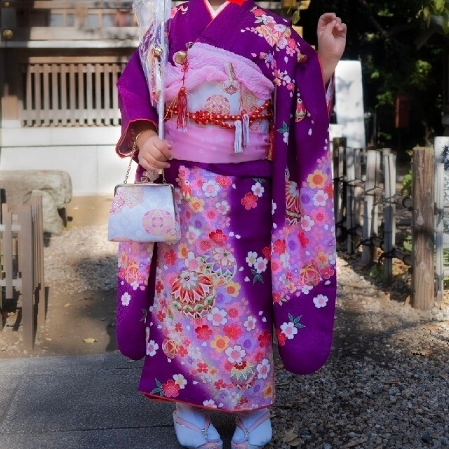 正絹 七五三 7歳 着物 紫 綸子 作り帯 フルセット 女の子 七歳 7才-