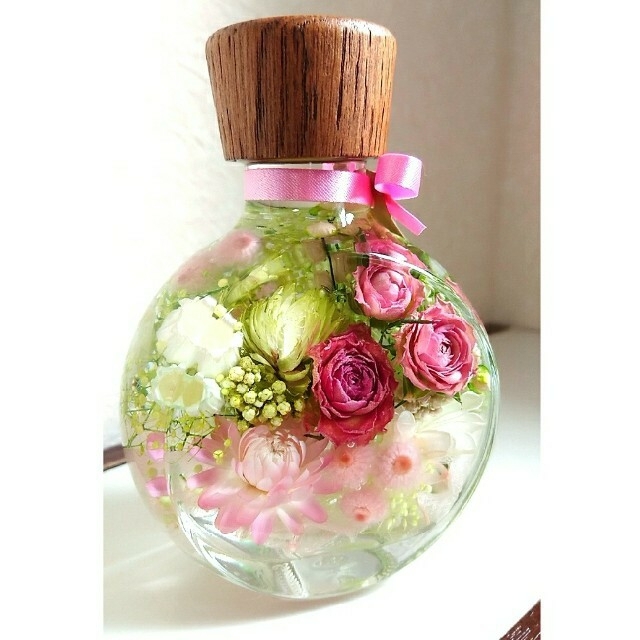 ハーバリウム ナチュラル系【ピンクの薔薇のナチュラルボトル】 4
