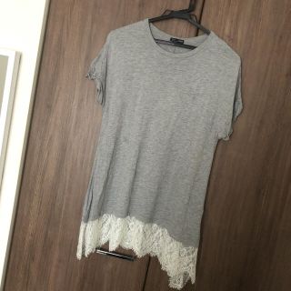 ザラ(ZARA)のZARA 裾レースカットソー Tシャツ グレー M(Tシャツ(半袖/袖なし))
