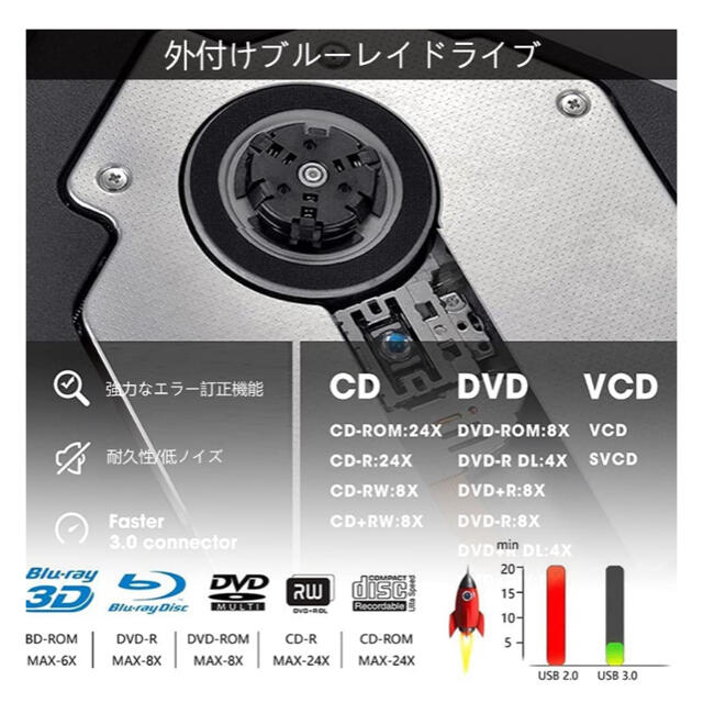 ブルーレイ ドライブ外付け DVD/CD/BD再生対応 スマホ/家電/カメラのPC/タブレット(PC周辺機器)の商品写真