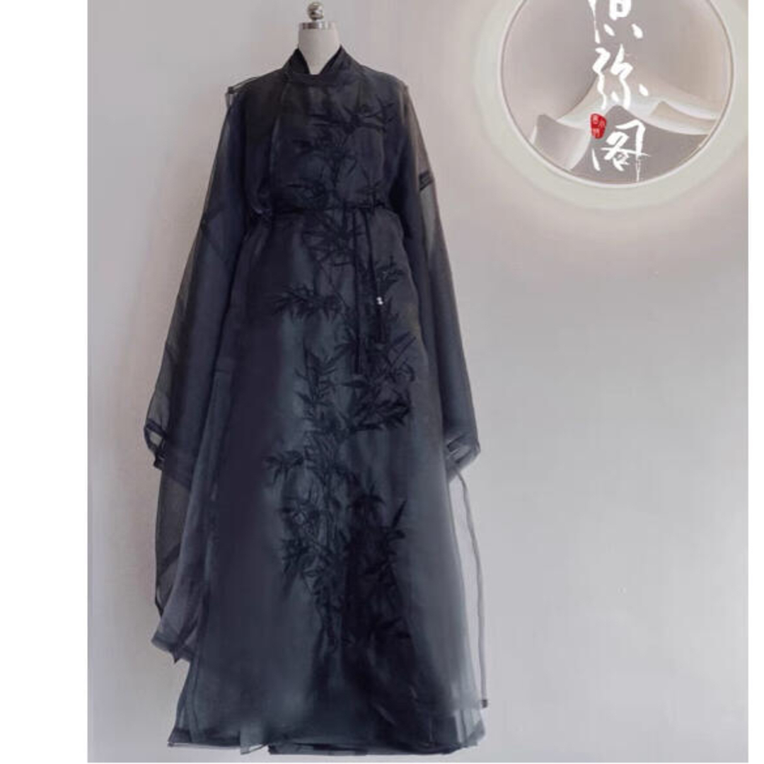 鬼谷竹葉青　黒袖なしロングコート　漢服　中国伝統衣装　やみかわ  結婚式　成人式