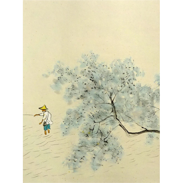 【複製画】掛軸 川合玉堂『清流釣魚図』大塚巧芸 絹本 共箱付 a052810