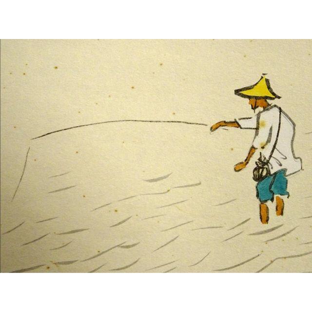 【複製画】掛軸 川合玉堂『清流釣魚図』大塚巧芸 絹本 共箱付 a052810