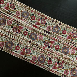 インド刺繍リボン シルク 絹ベージュ 花 エスニック 着物 和柄 バッグ 持ち手(各種パーツ)