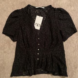 ザラ(ZARA)の新品　未使用　ZARA ザラ　黒　シャツ　レース　トップス(シャツ/ブラウス(半袖/袖なし))