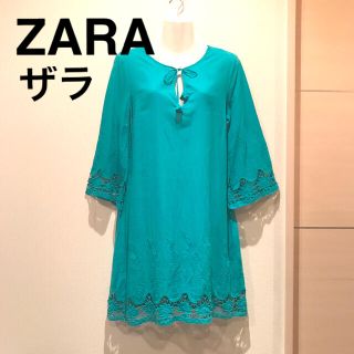 ザラ(ZARA)のZARAザラ　ワンピース　レース　刺繍　ターコイズブルー　エスニック　長袖　M(ひざ丈ワンピース)