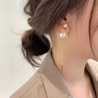 パール ゴールド ピアス 大ぶり チェーン 韓国 両耳用 おしゃれ
