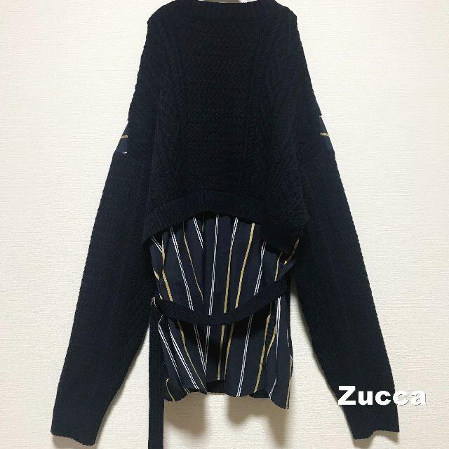 ZUCCa(ズッカ)の【Zucca】ズッカ ストライプ切替 ウエストベルト ケーブルニット レディースのトップス(ニット/セーター)の商品写真