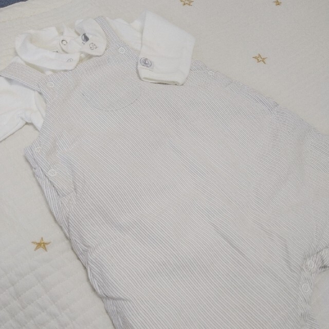 PETIT BATEAU(プチバトー)の【美品】プチバトー サロペット セット 長袖 6m/67cm キッズ/ベビー/マタニティのベビー服(~85cm)(ロンパース)の商品写真