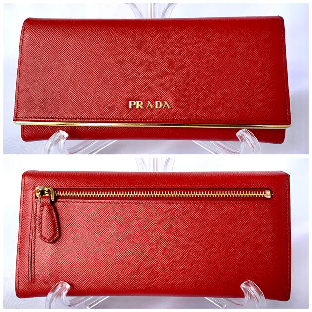 PRADA(プラダ)の【極美品】プラダ サフィアーノ ゴールドライン メタルバー 長財布 赤 箱付き レディースのファッション小物(財布)の商品写真