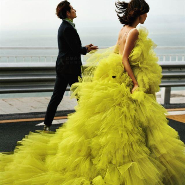 カラードレス   高品質！   写真撮影  ソフトチュール  背中見せ  結婚式ロングドレス