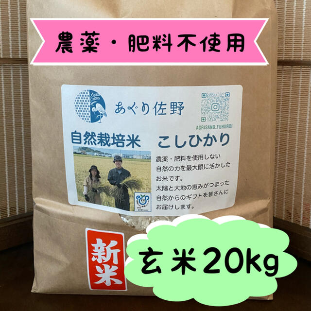 令和3年新米　玄米20kg　コシヒカリ　自然栽培米　農薬肥料不使用　米/穀物