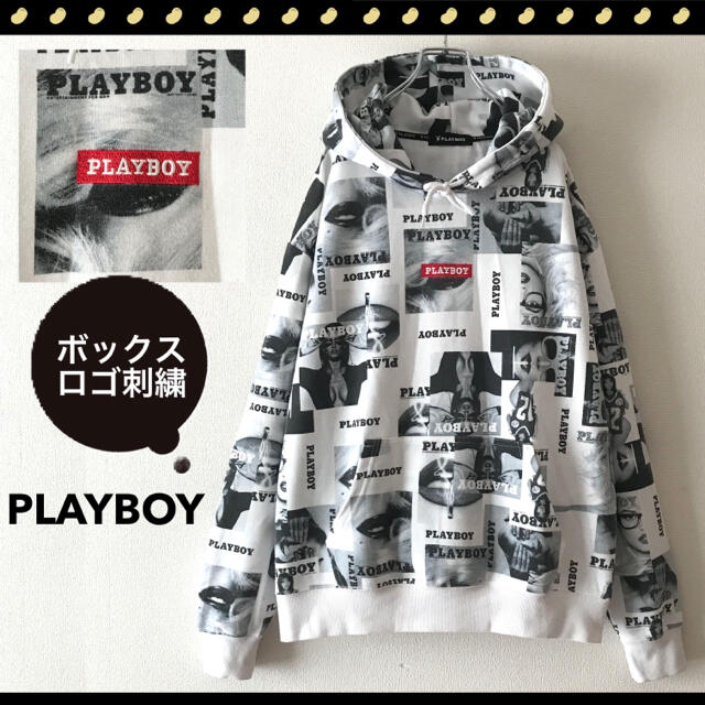 PLAYBOY(プレイボーイ)のプレイボーイ★表紙グラフィック総柄★ボックスロゴ刺繍★スウェットパーカー メンズのトップス(パーカー)の商品写真