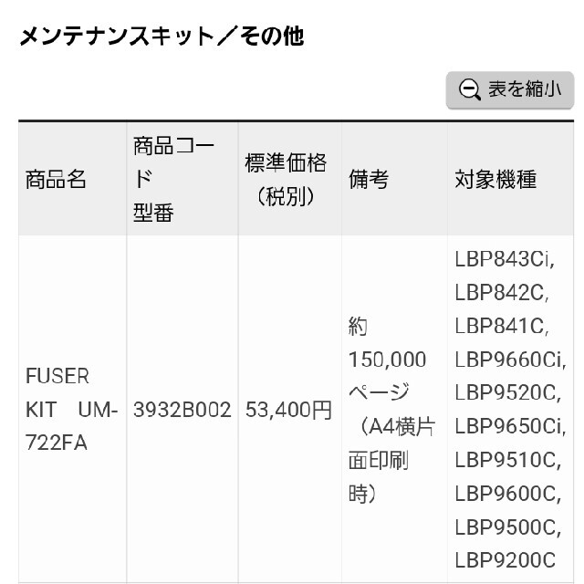 Canon レーザープリンター 定着器 UM-722FA