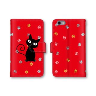 レッド 黒猫 ネコ スマホケース 手帳型 iPhoneケース(iPhoneケース)