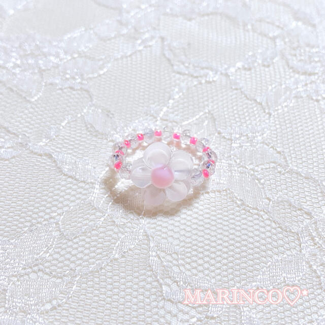 ネオン 韓国 すりガラス ポップフラワービーズリング／ピンク(NO.720) ハンドメイドのアクセサリー(リング)の商品写真