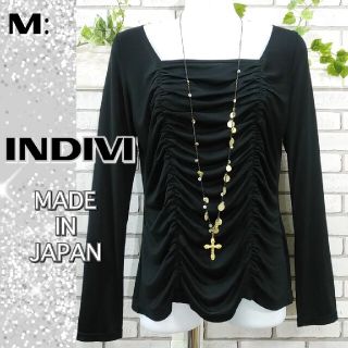 インディヴィ(INDIVI)のM：新品 ストレッチ カットソー／インディヴィ★未使用★ブラック(Tシャツ(長袖/七分))