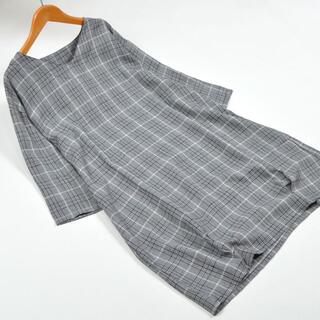 3L 大きいサイズ 裾タック 7分袖 チェック柄 ワンピース レディース/黒系(ひざ丈ワンピース)