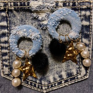 ハンドメイド ♡ デニム パール スター ピアス イヤリング(ピアス)