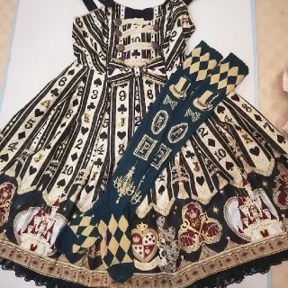 アンジェリックプリティー(Angelic Pretty)のアンジェリックプリティタグ付き新品深緑ジャンパースカートと、オーバーニー(ひざ丈ワンピース)