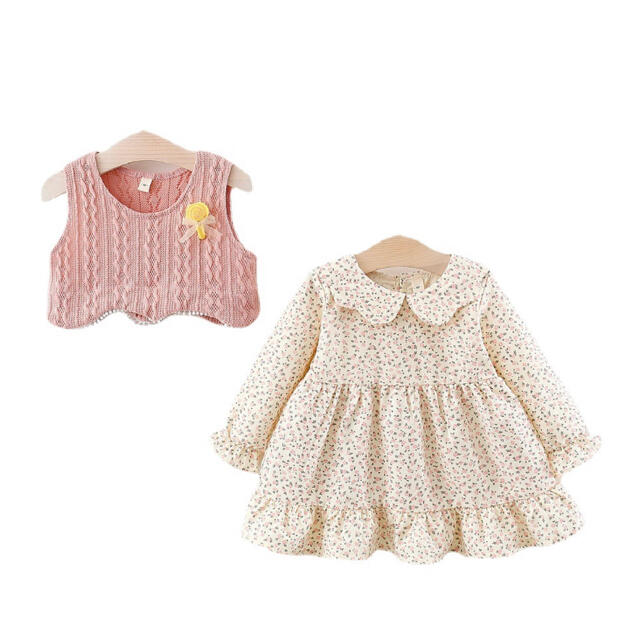 [新品] 花柄ワンピース、 ニートベスト  100 韓国 子供服 キッズ/ベビー/マタニティのキッズ服女の子用(90cm~)(ワンピース)の商品写真