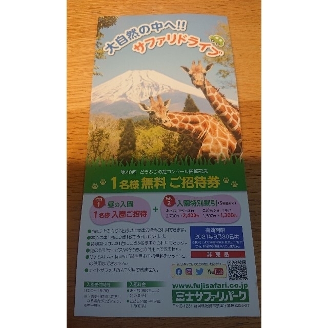 【訳あり】富士サファリパーク  １名無料ご招待券+入園特別割引券  チケットの施設利用券(動物園)の商品写真