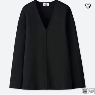 ユニクロ(UNIQLO)のL 黒　ポンチVネックプルオーバー　ユニクロユー(カットソー(長袖/七分))