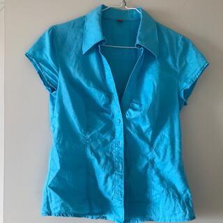 エスプリ(Esprit)のターコイズブルー　リネンコットンシャツ　半袖(シャツ/ブラウス(半袖/袖なし))