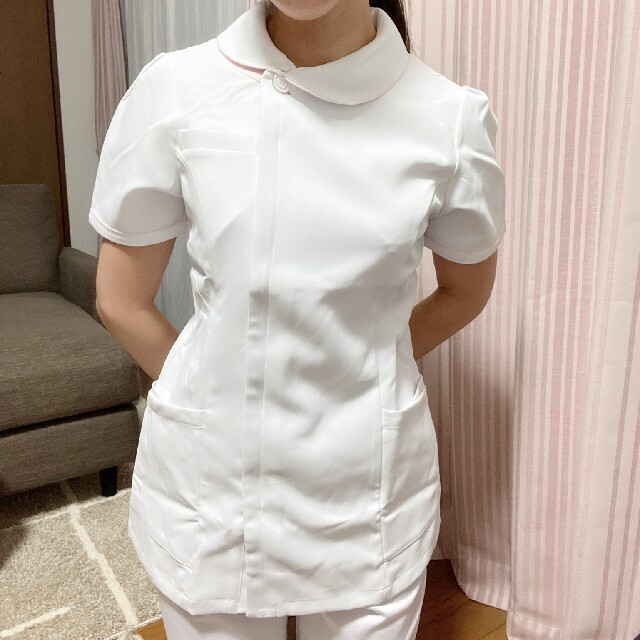 白衣　上　上衣　看護師　M 白×ピンク　ピンクライン　ナース　ナース服　制服 レディースのレディース その他(その他)の商品写真