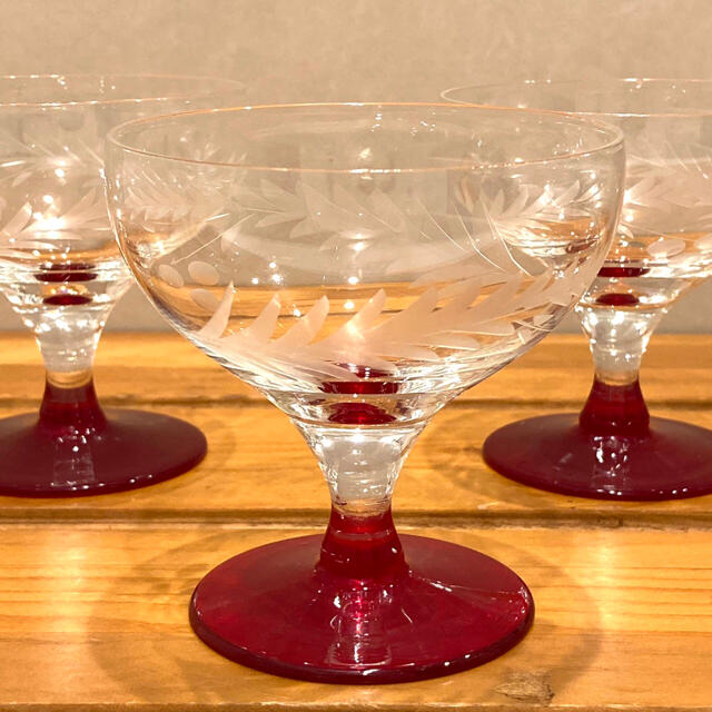 ワイングラス　大正〜昭和初期　花切り子　赤ガラス　切り子細工　5個セット