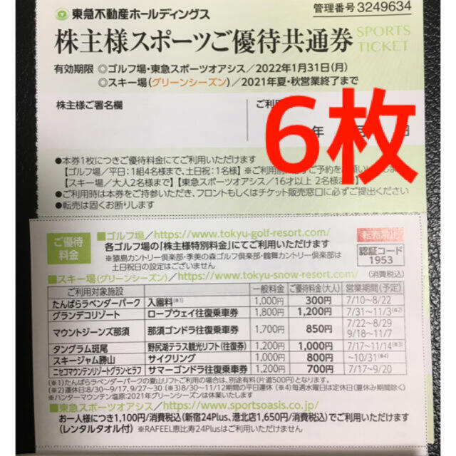 東急不動産株主優待 スポーツ優待共通券 6枚 チケットの施設利用券(フィットネスクラブ)の商品写真