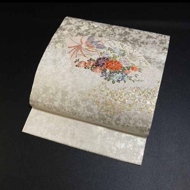 ［3799］名古屋帯 美品 扇面地紙文 鳳凰に牡丹 唐草 正絹 着物